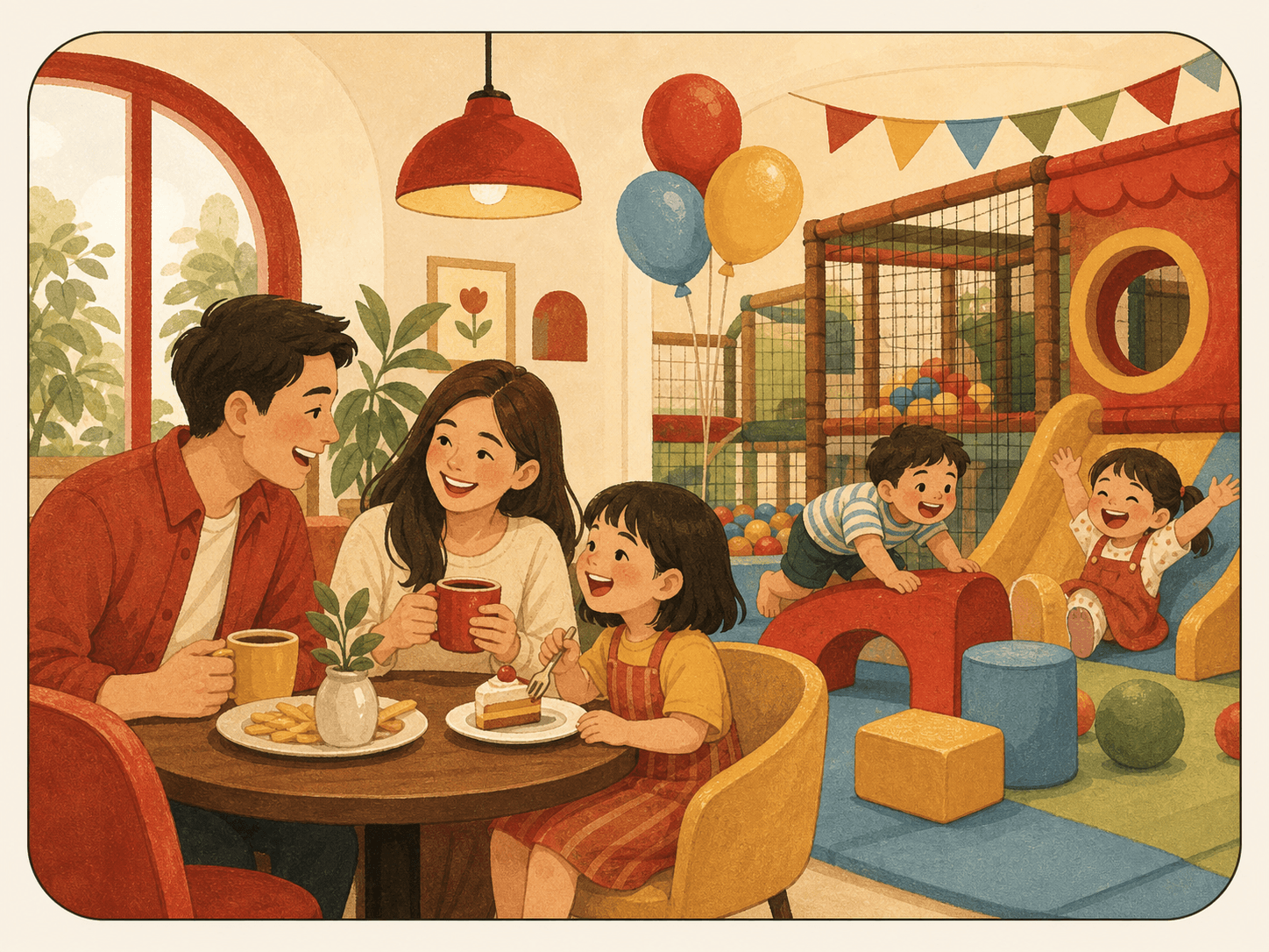 Ilustrasi keluarga sedang makan santai dekat playground indoor Meet & Play